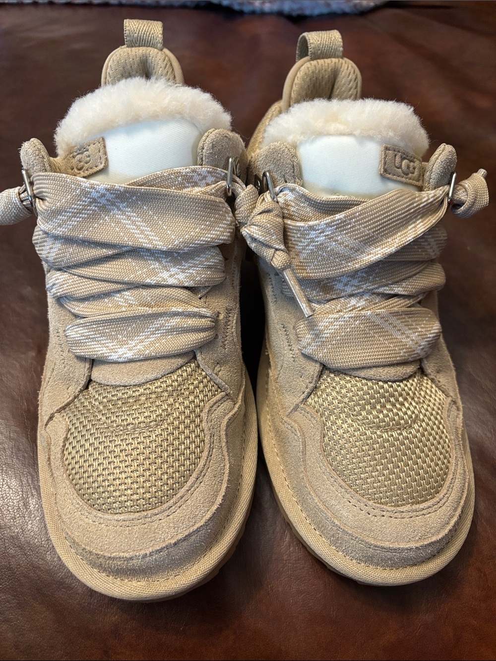 UGG Kids Tan Suede & Mesh Fleece-Lined Sneakers